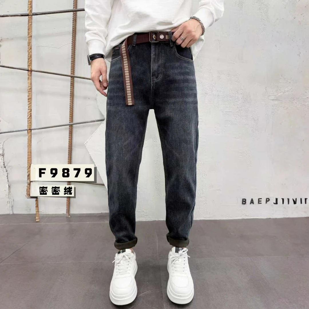 冬季新款加厚密密绒小直筒男裤时尚百搭弹力水洗牛仔裤带腰带9879