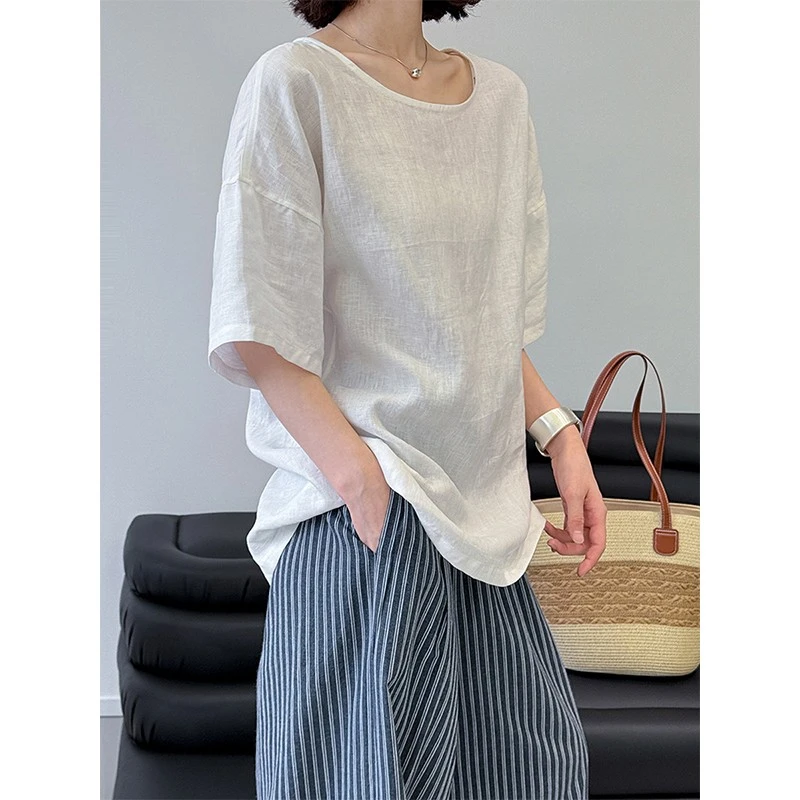 白色五分袖衬衫后背纽扣慵懒松弛感短袖浅色无领气质女士上衣