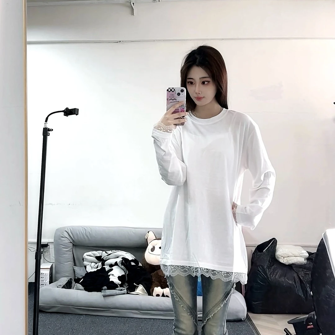 法式慵懒蕾丝拼接中长款圆领宽松白色长袖T恤女单穿内搭上衣