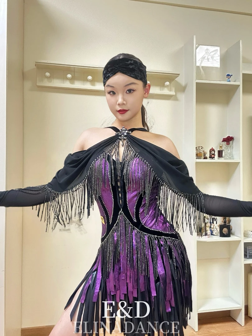 E&D紫黑布条流苏挂脖袖子珠管渐变紫拉丁成人比赛花服舞蹈服