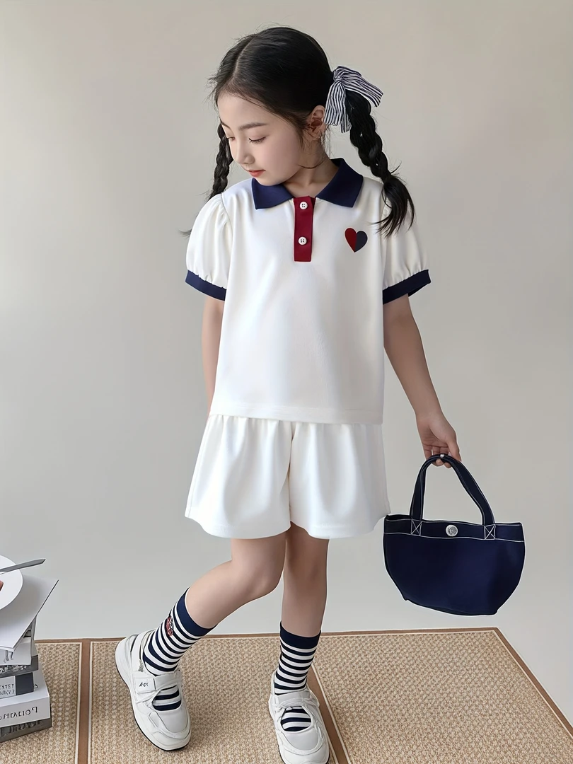 2025年女童新款套装女童拼色爱心图案白色短裤套装BGJL0208