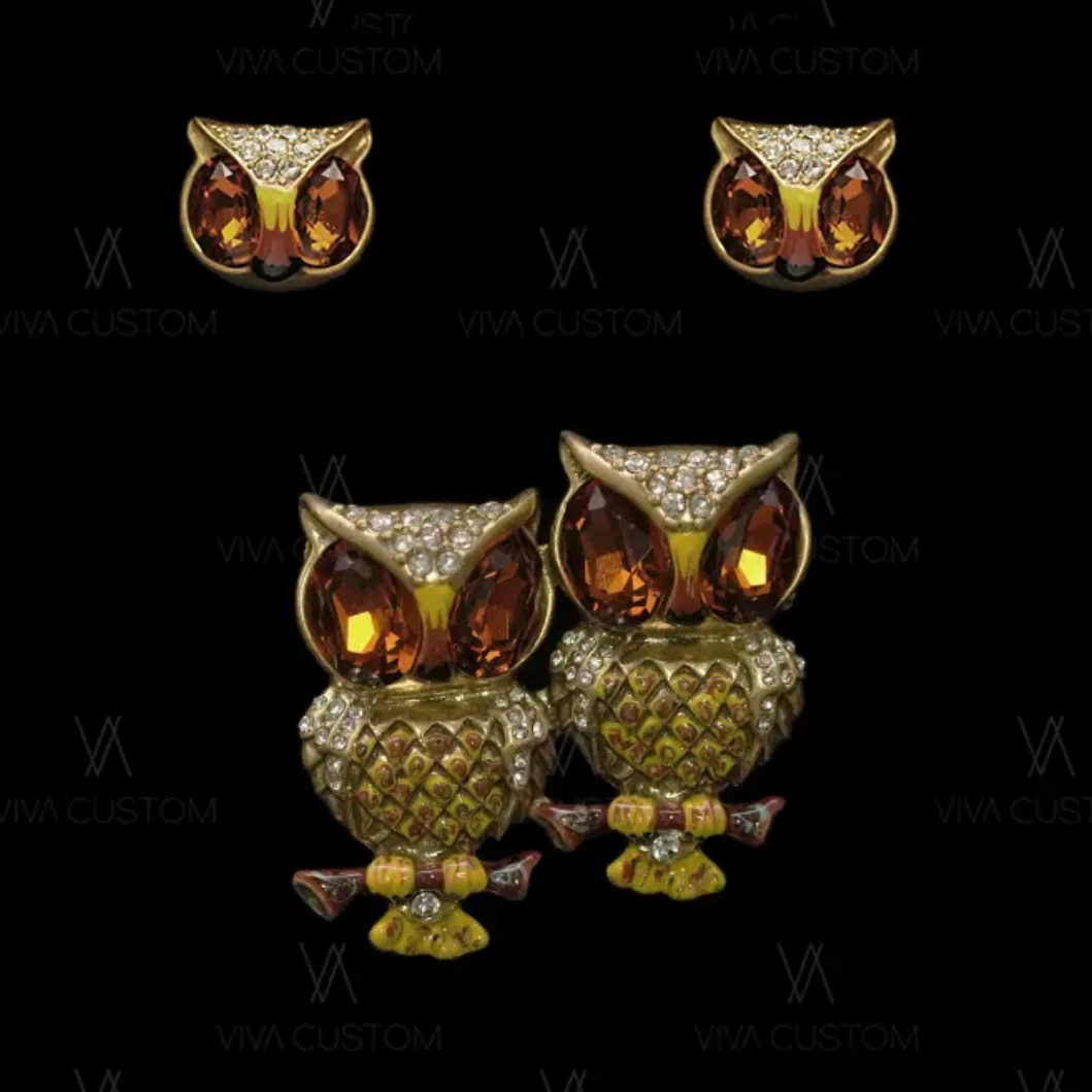 黄铜胸针 欧美风原创设计可爱甜美猫头鹰耳钉简约小众胸针套装