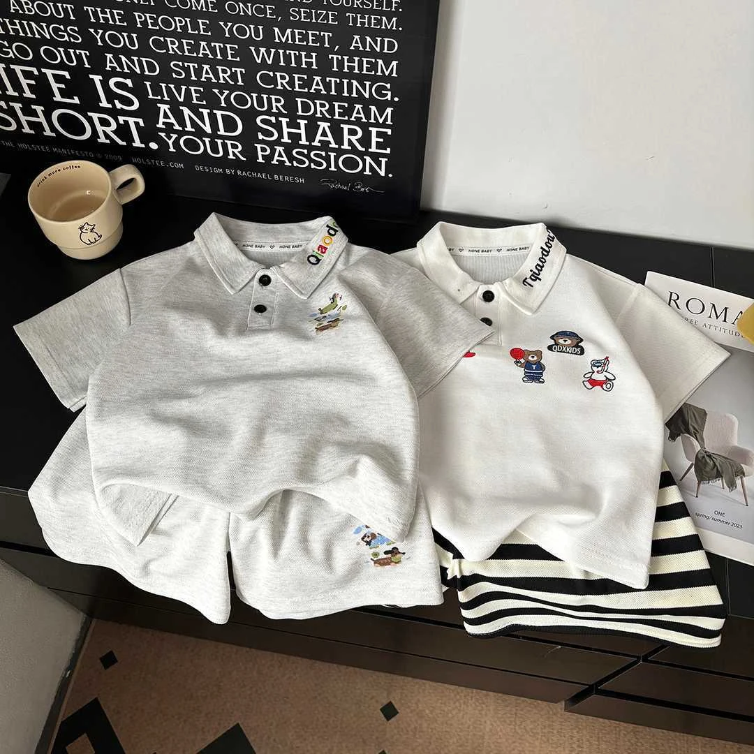 儿童短袖polo衫短裤两件套夏季休闲中大童套装男女童半袖翻领T恤