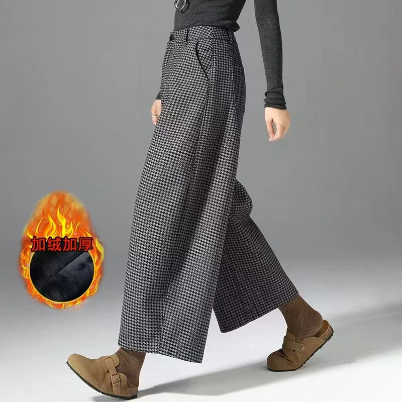 韩系百搭毛呢格子裤秋冬新款加绒高腰显瘦小个子阔腿裤九分奶奶裤