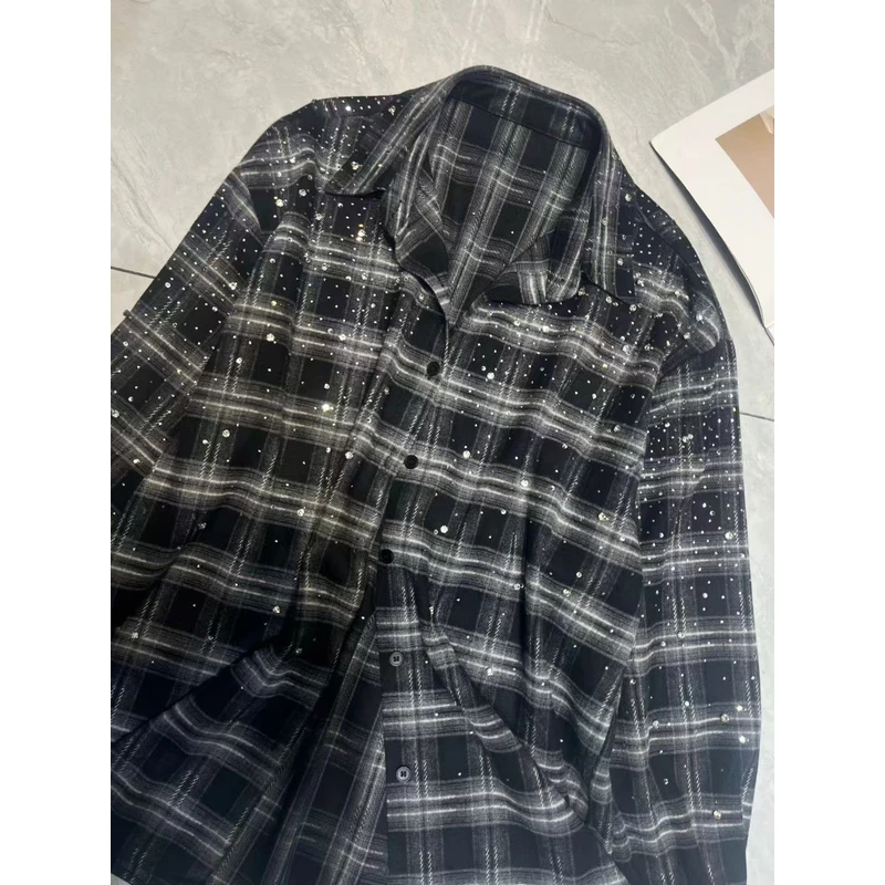 欧洲站2025早秋新款女宽松慵懒显瘦重工钉钻洋气复古休闲格子衬衫