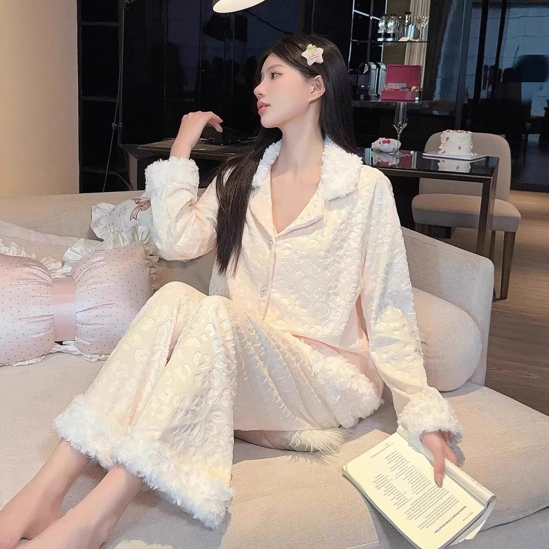 【范范】韩版ins风宽松舒适甜美双面海岛绒百搭家居服套装