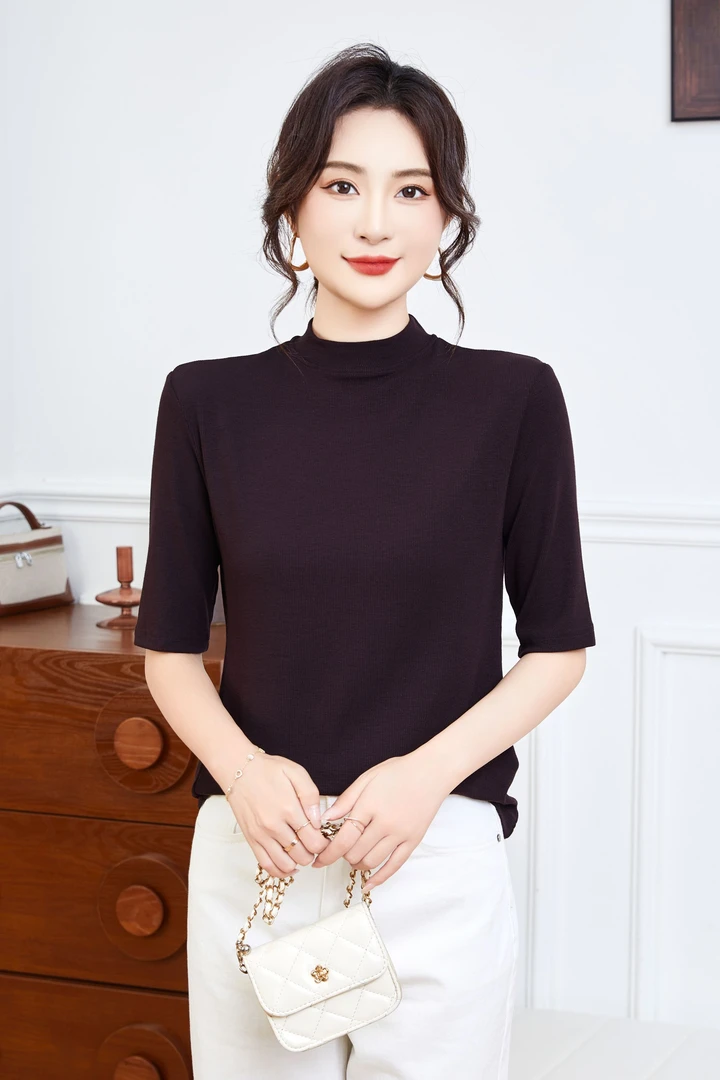 2025年秋季新款高级感半高领打底上衣女装五分袖内搭打底衫
