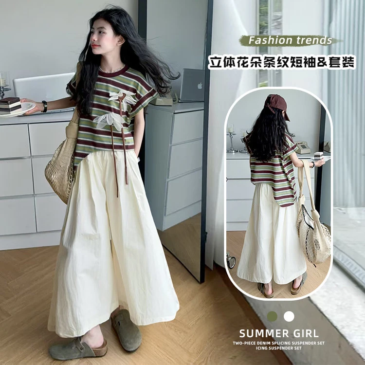 女童夏季新款套装儿童设计感不规则条纹立体花短袖显瘦气质阔腿裤