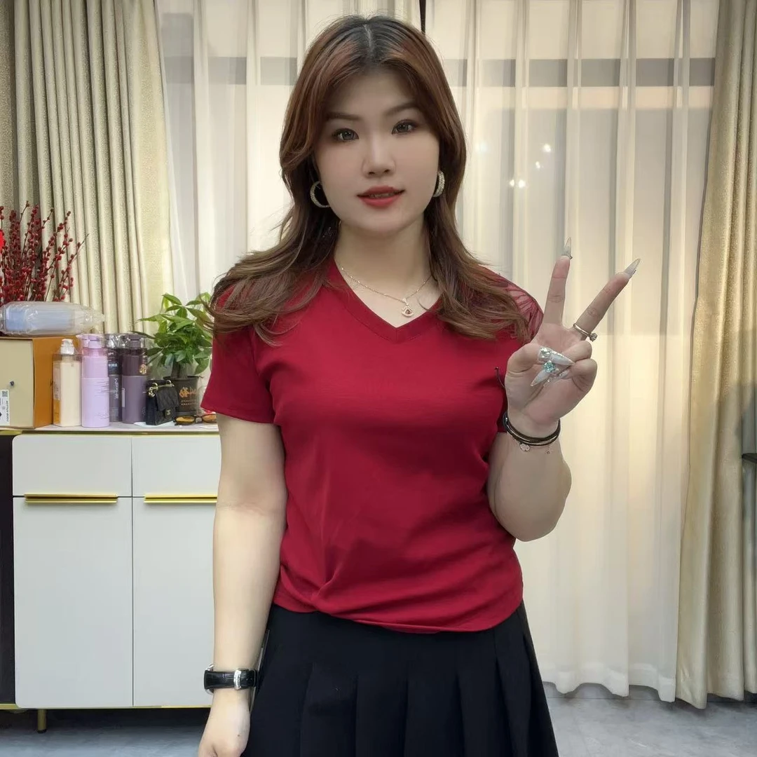 小鑫肝@V领漏肩蕾丝提花拼接褶皱气质修身百搭T恤 6836