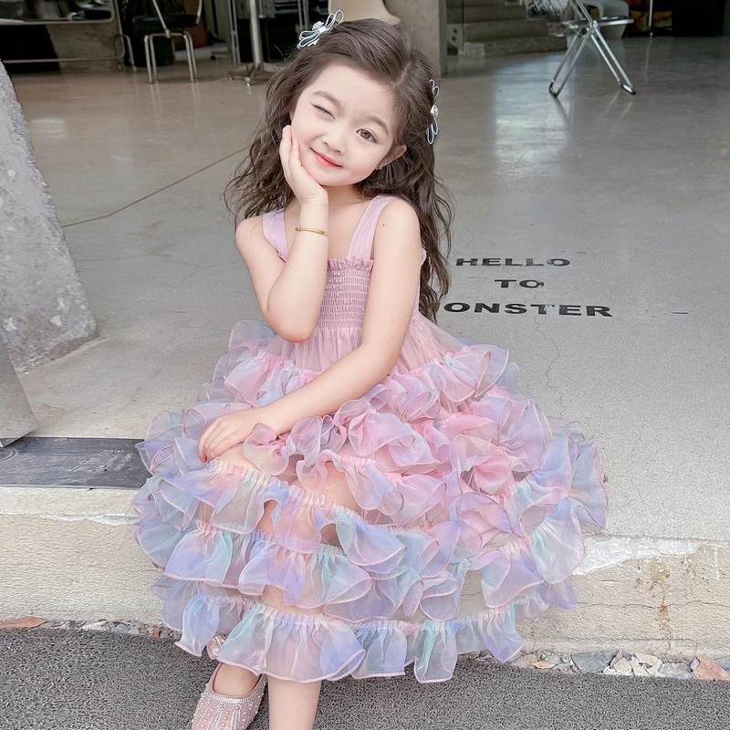 女童夏季连衣裙2025新款儿童彩虹吊带裙夏女孩夏装公主蓬蓬纱裙子