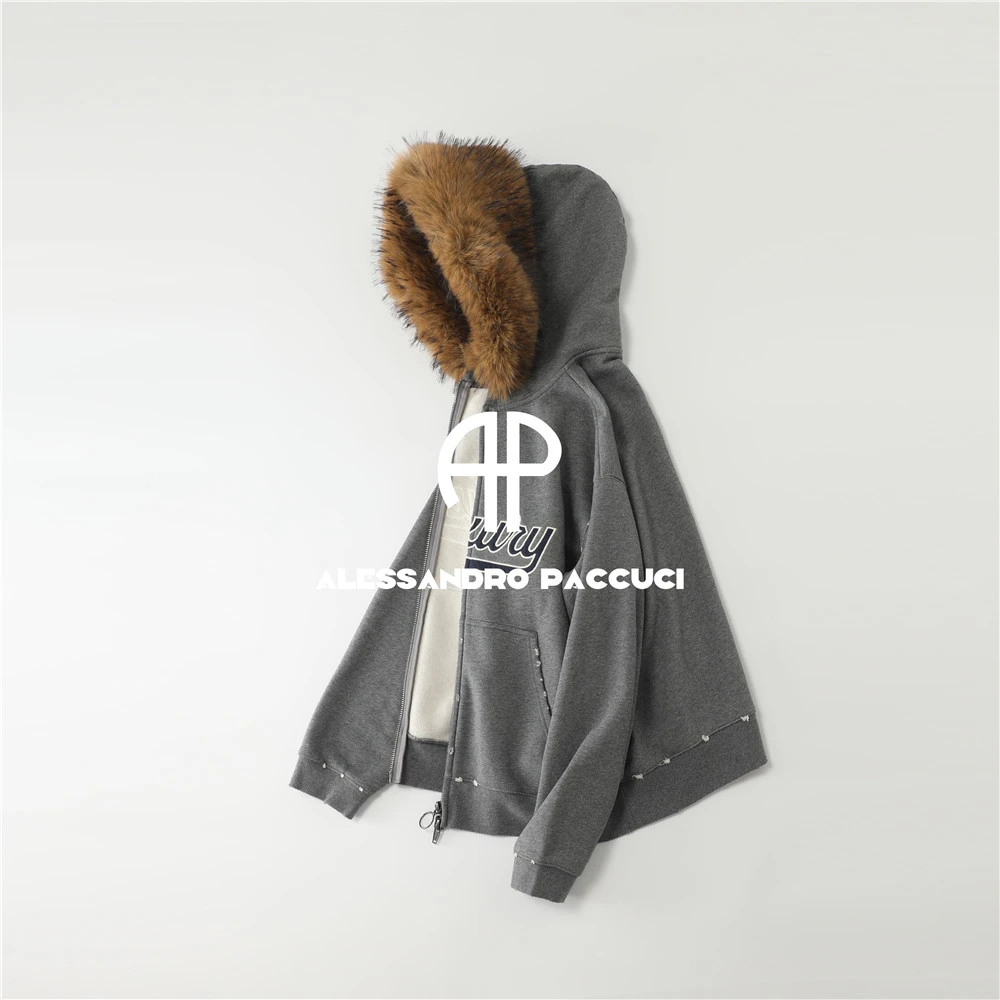 AP洛哥54181TW【街头焦点】棉大毛领连帽撞色字母破洞时尚休闲卫衣