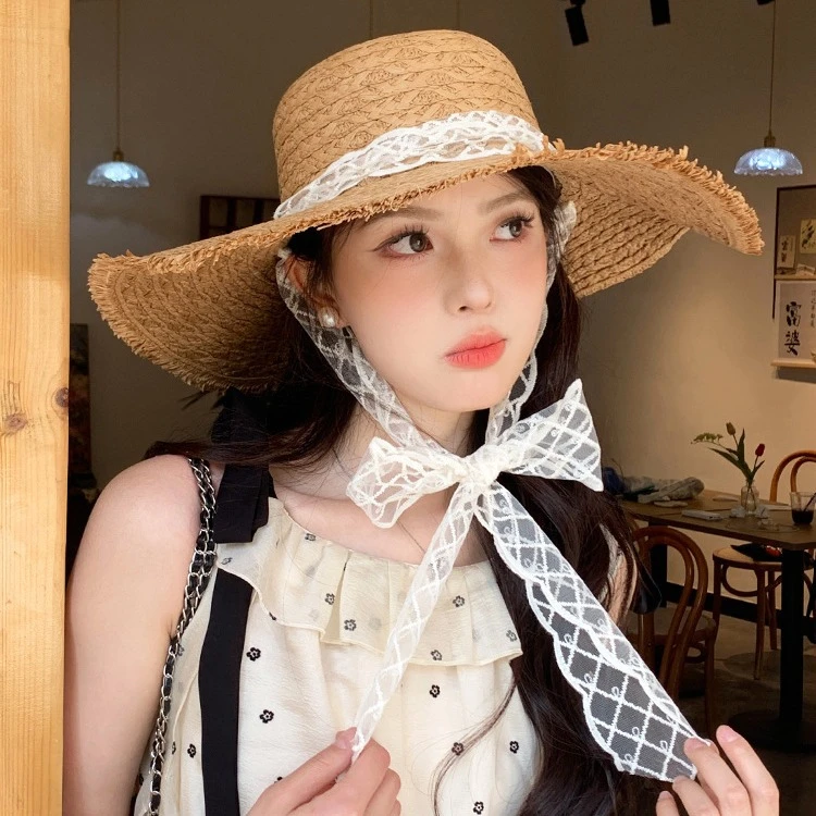 蕾丝系带编织草帽女夏季出游大帽檐防晒遮阳帽海边防紫外线沙滩帽