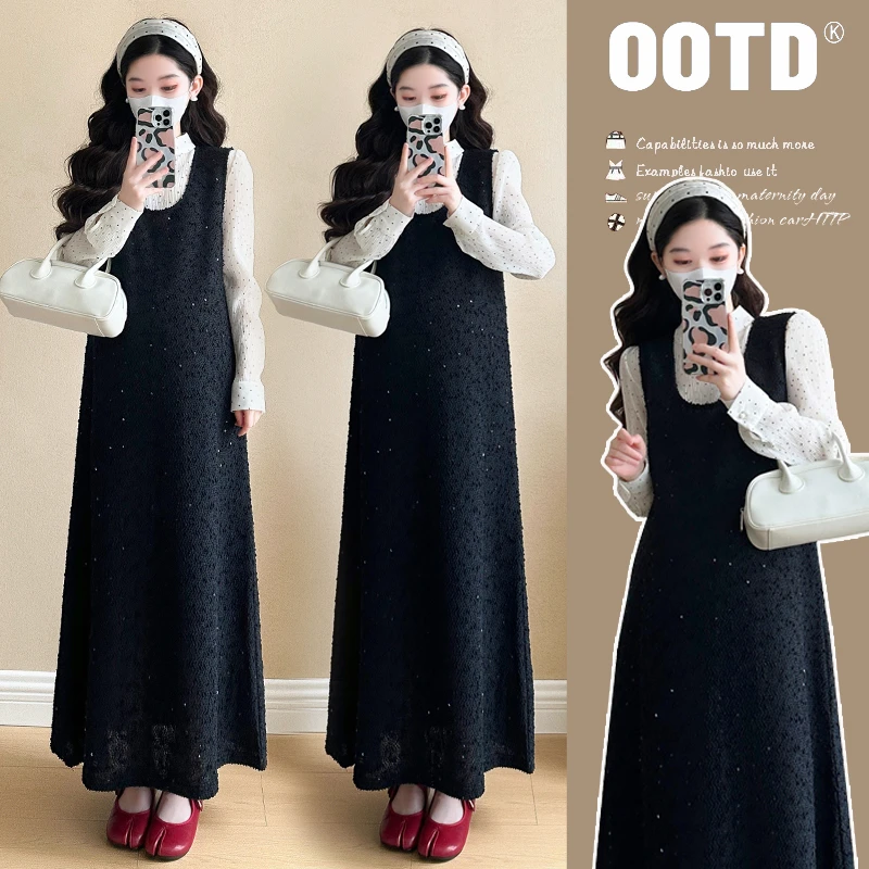 2025早春新款孕妇版气质亮片背带裙＋植波点打底衫两件套套装