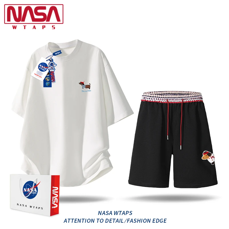 NASA WTAPS小狗刺绣短袖T恤套装男夏季薄款宽松休闲短袖短裤套装