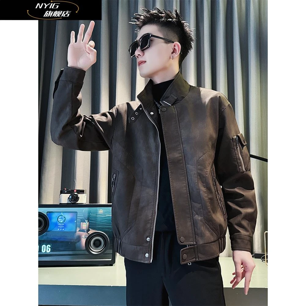 NYIG立领皮衣外套男士秋冬季加绒加厚2025新款高级感痞帅机车夹克