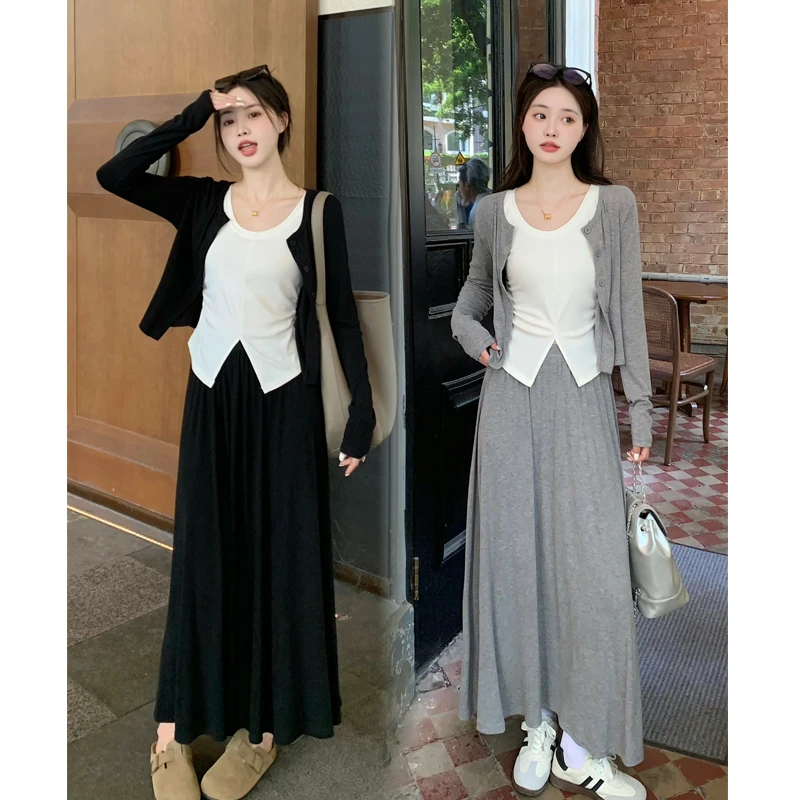 大码春秋新款韩版舒适慵懒小开衫高弹背心显瘦半身裙洋气套装裙