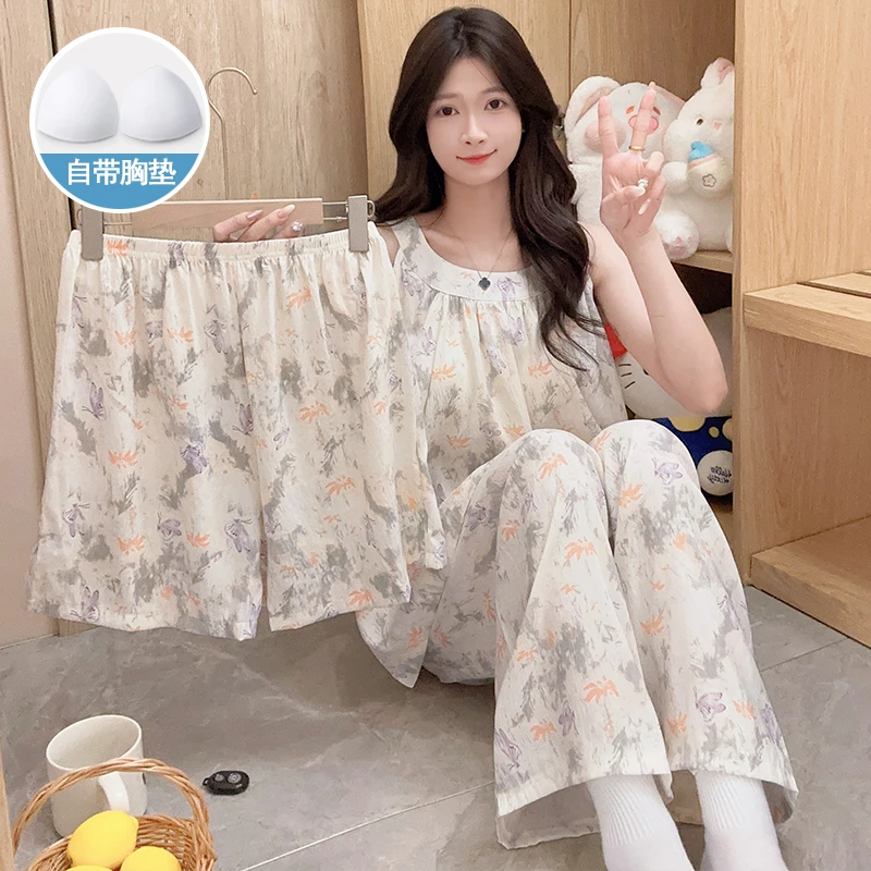 自带胸垫睡衣女款2025新款夏季吊带长裤三件套装夏天可外穿家居服