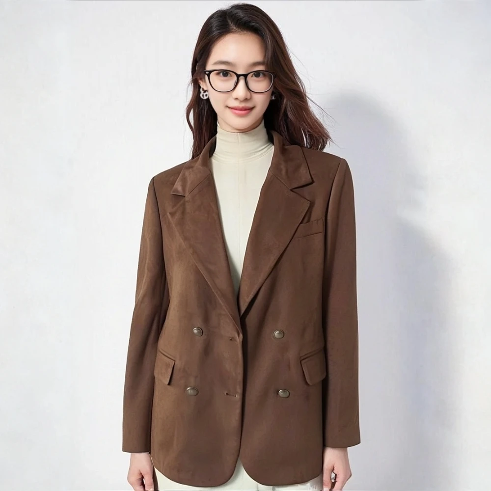 秋季新款单品镜面麂皮绒西装外套宽松版美拉德复古西服(25-30)