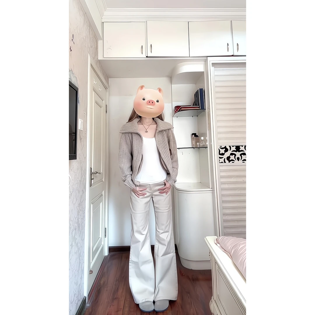 秋冬季翻领针织开衫修身短款上衣浅卡其色微喇休闲裤不贴腿拖地裤