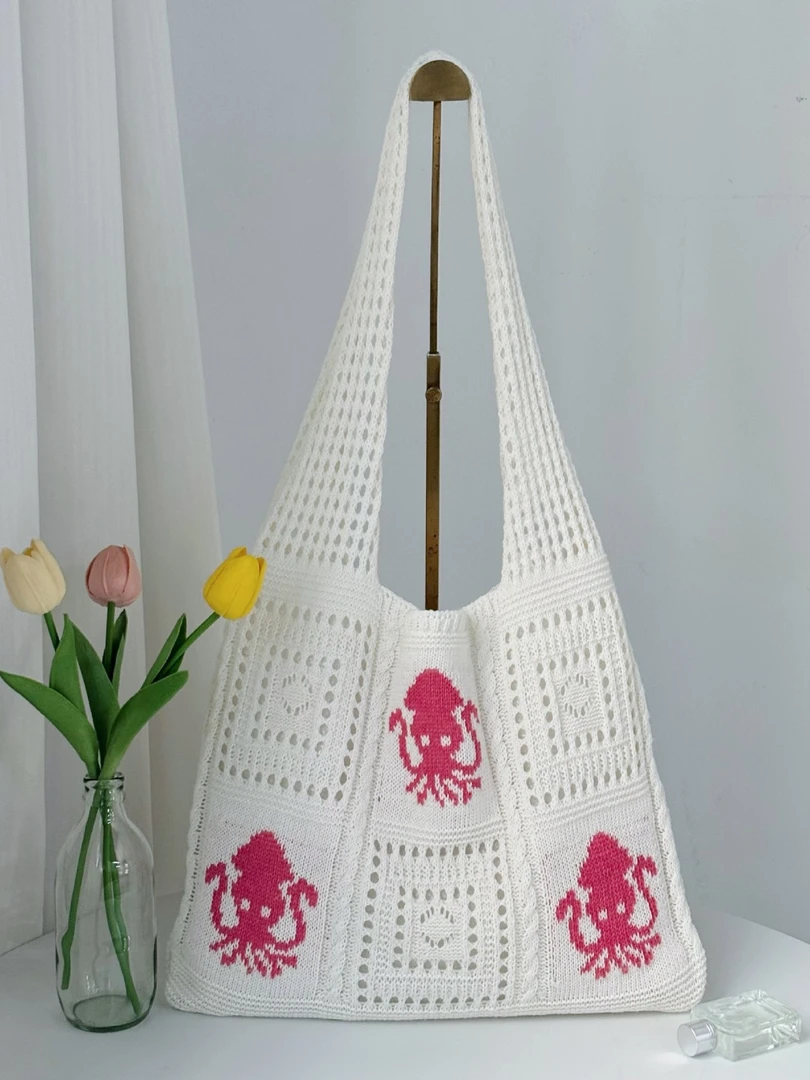 新款慵懒风镂空针织章鱼手提包大容量单肩潮流编织包海边度假包包