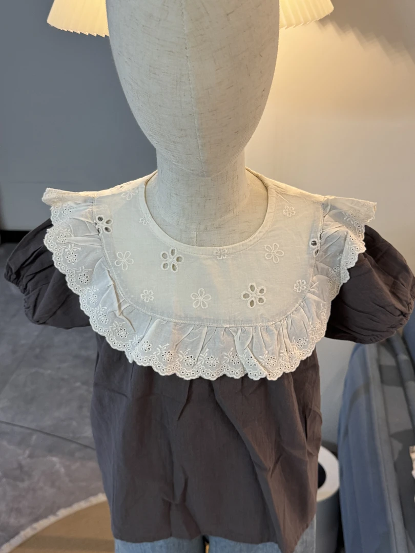 咖色白碎花领娃娃衫纯棉夏季女宝