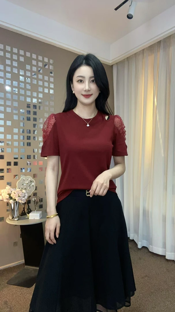 2025新款圆领镂空波点网纱百搭气质时尚减龄显瘦短袖小衫T恤