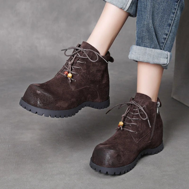 西瑞女鞋增高松糕底短靴休闲百搭复古靴子民族风秋冬新款英伦单靴