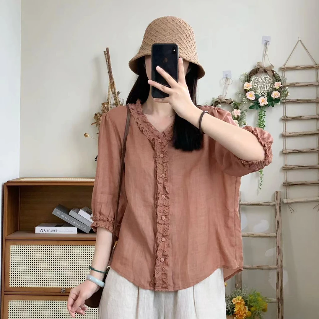 斜纹苎麻蕾丝花边拼接显瘦气质休闲休闲宽松衬衫 DYLJJ 12033