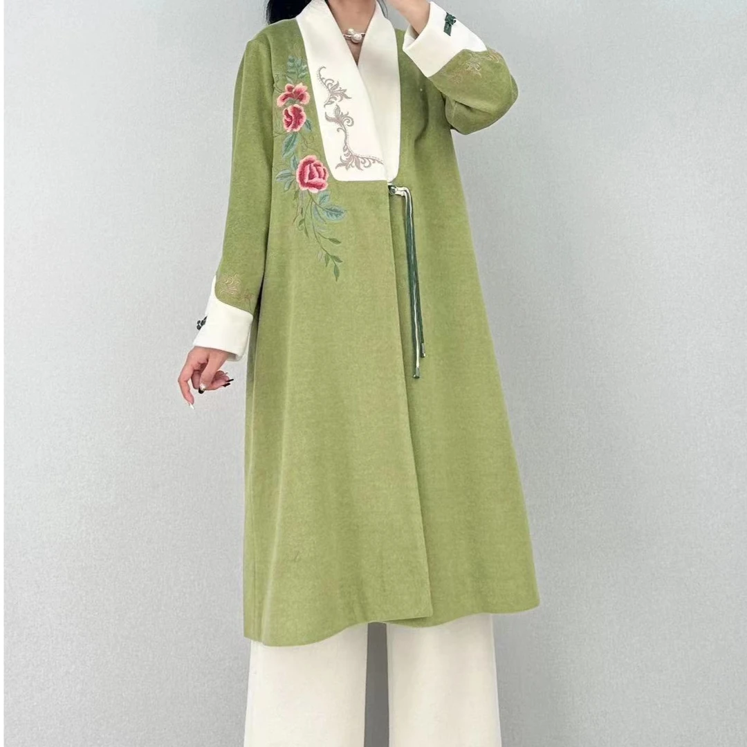 【胖宝推荐】新款高档茶艺师茶服国风绣花盘扣中式呢子大衣外套6931