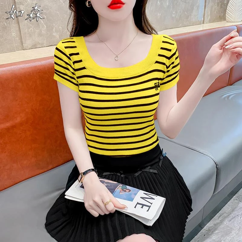 冰丝方领短袖t恤女2025新款爆款夏季漂亮条纹独特上衣超好看夏款