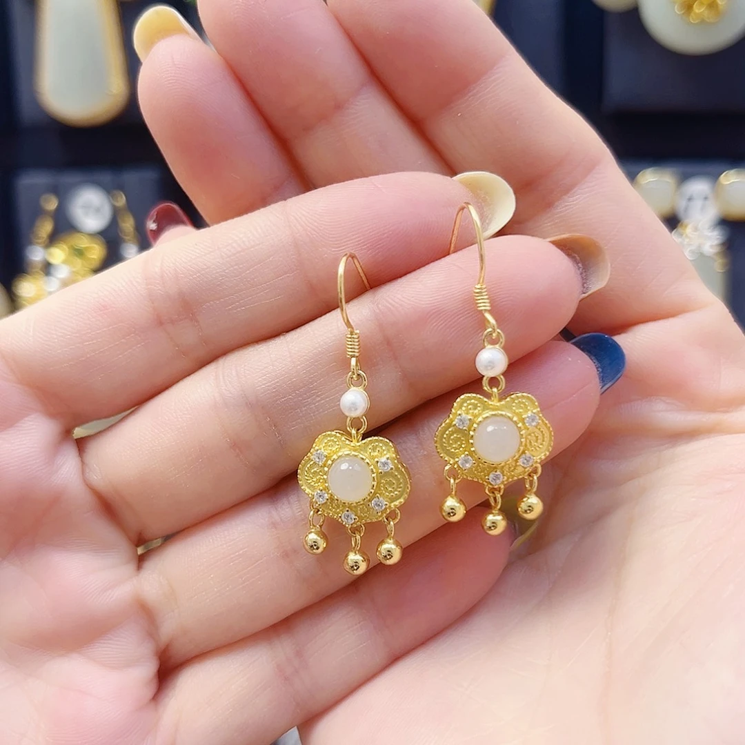 和田玉银S925镀金镶嵌耳饰