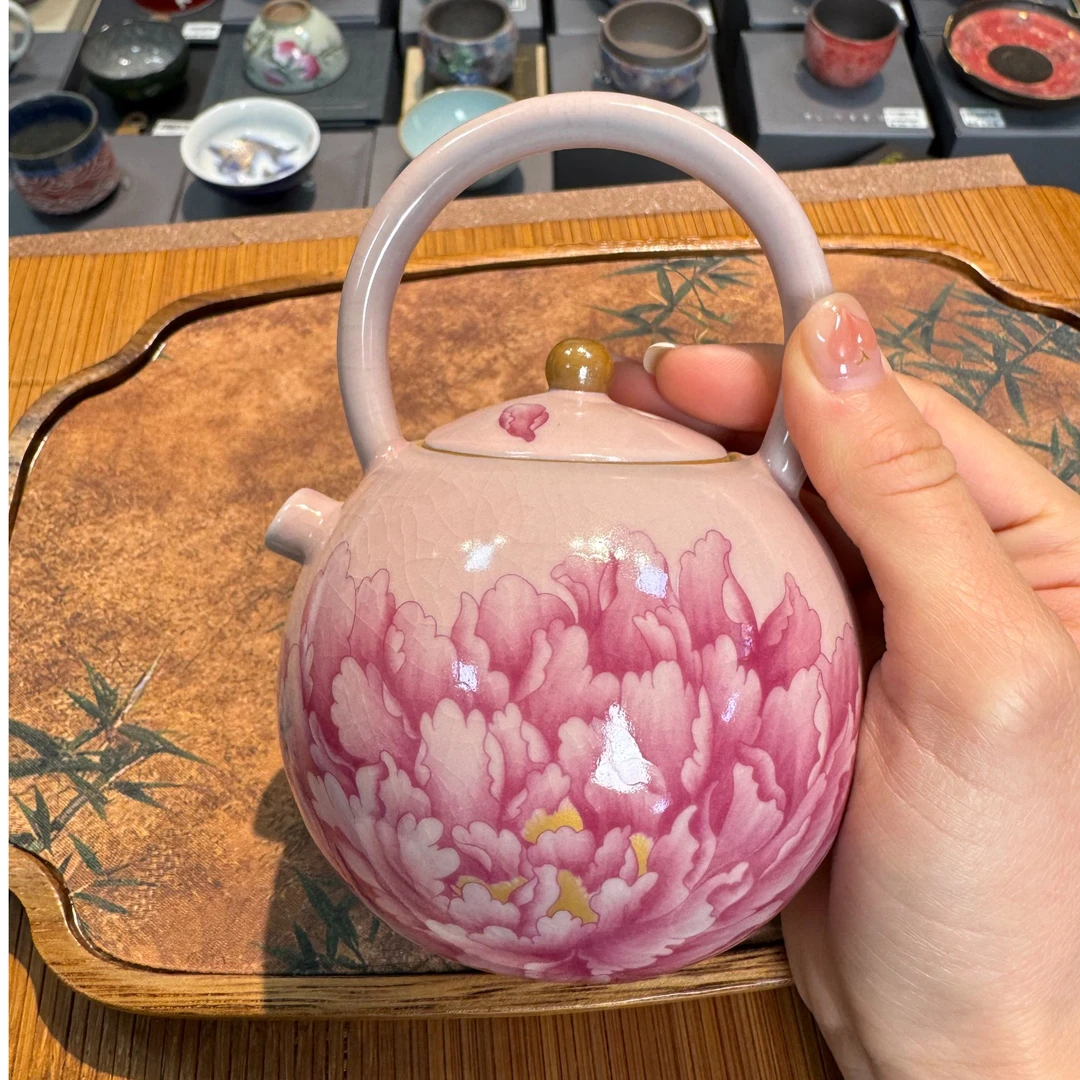 福利 粉汝开片牡丹描金提梁壶球形过滤家用泡茶壶高端茶壶 c0306