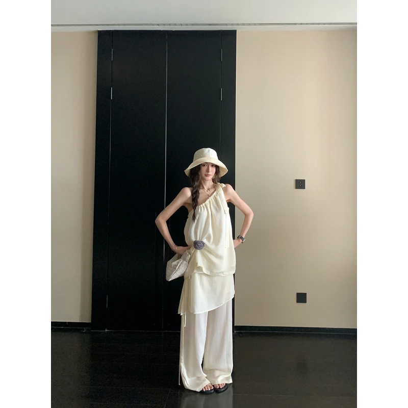 SKK6.27/20点 盎然禅意 亲肤天丝桑蚕丝斜肩吊带裙片休闲裤套装