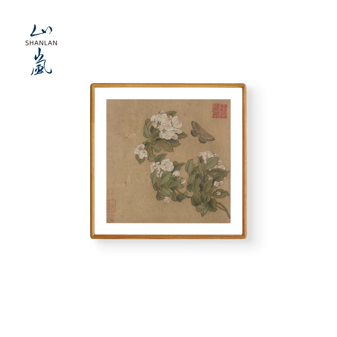 海棠蝴蝶图 中式花鸟装挂画客厅卧室床头玄关书房实木榫卯装饰画