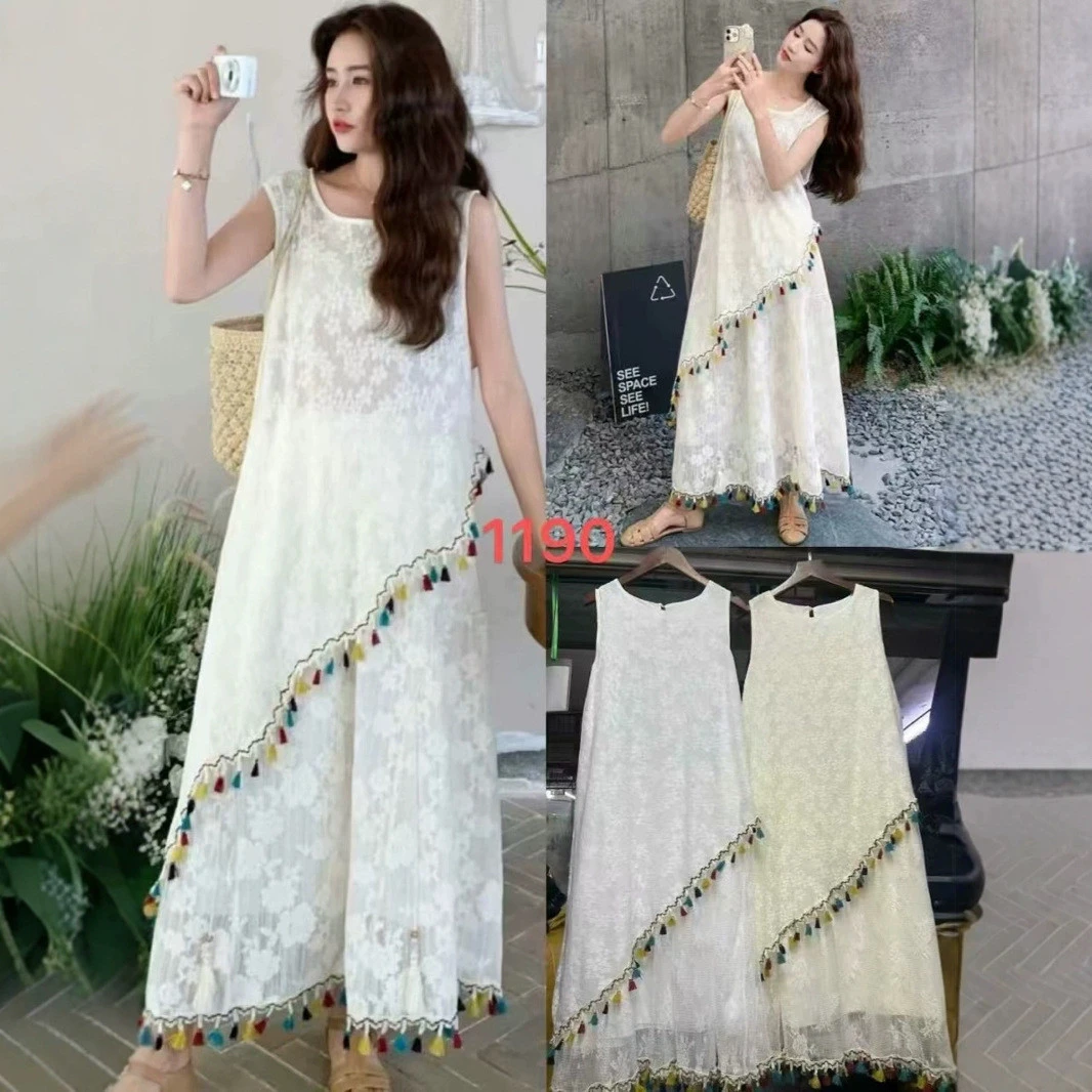 夏装新款女生宽肩带小众民族风波西米亚流苏连衣裙假两件背心裙