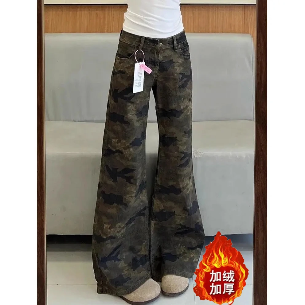 美式复古辣妹修身直筒显瘦喇叭牛仔裤女冬季新款低腰迷彩工装裤子