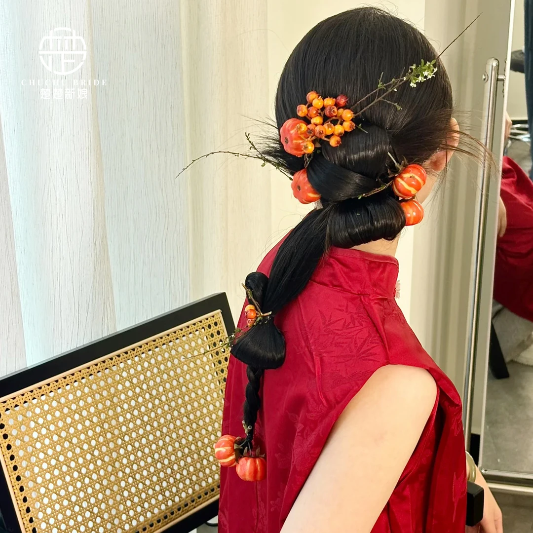 新娘饰品秀禾服头饰新款秀禾新娘果实南瓜头饰结婚头饰真花发饰