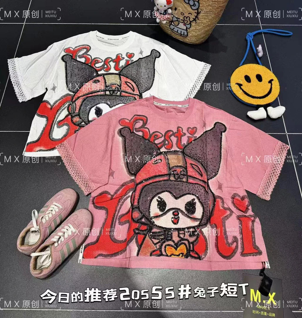 【195-196】新款重工刺绣短袖卡通库洛米韩版T恤圆领短款百搭时尚