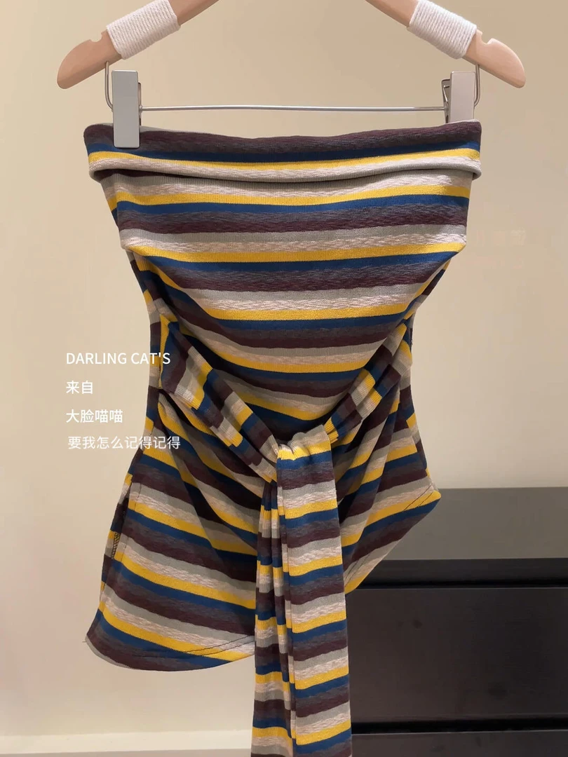 美式辣妹撞色条纹吊带背心女2025夏季性感裹胸小上衣美背抹胸外穿