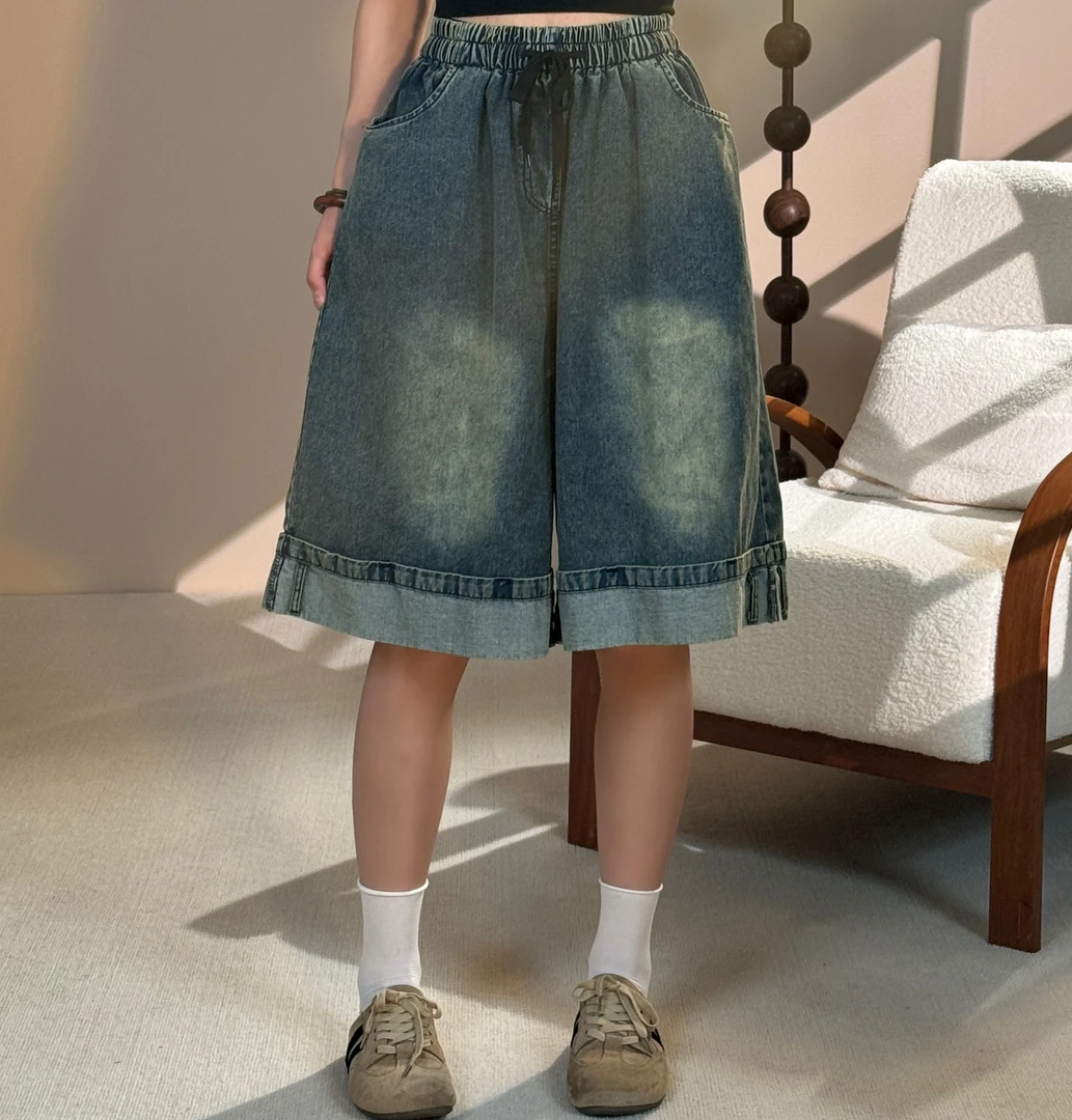 牛仔短裤女夏装2025新款文艺复古松紧腰系带休闲阔腿五分中裤子薄