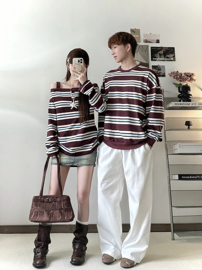 情侣装慵懒风条纹春秋撞色条纹长袖T恤圆领港风男女卫衣潮