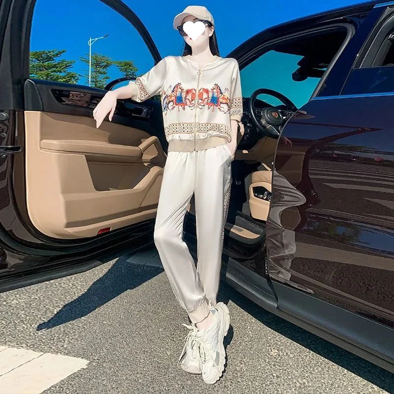 2025夏季新款冰丝女装名牌高端时尚休闲运动服套装短