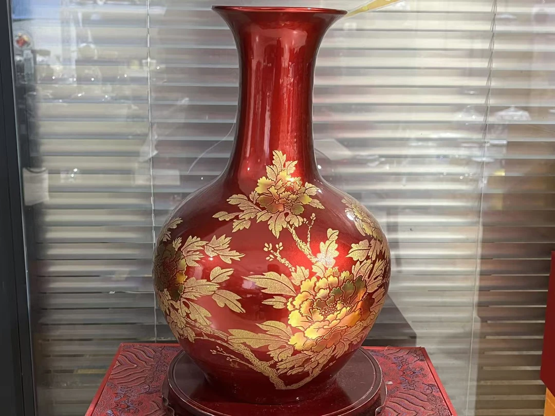 中国红金牡丹赏瓶+底座（小号）