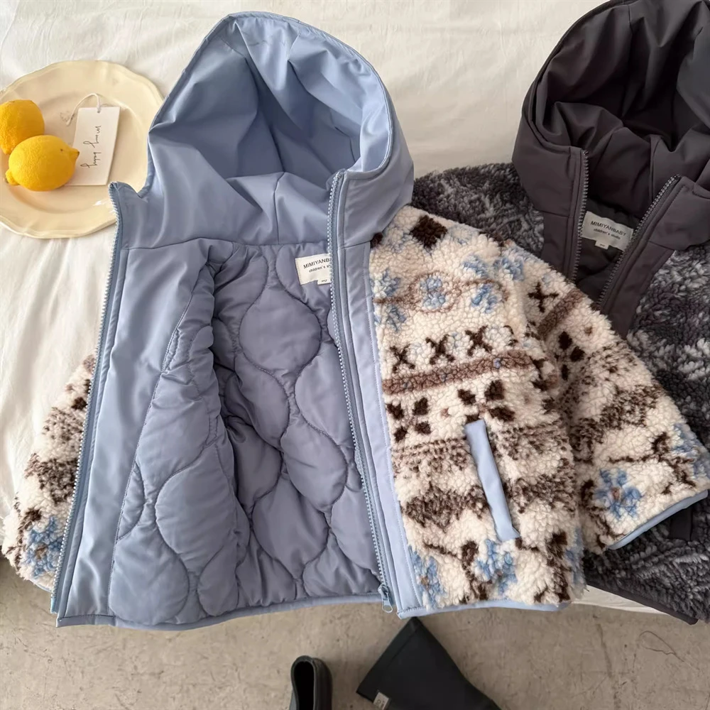 兮绯推荐1407儿童夹棉外套冬装长袖上衣男女宝费尔岛撞色连帽外衣