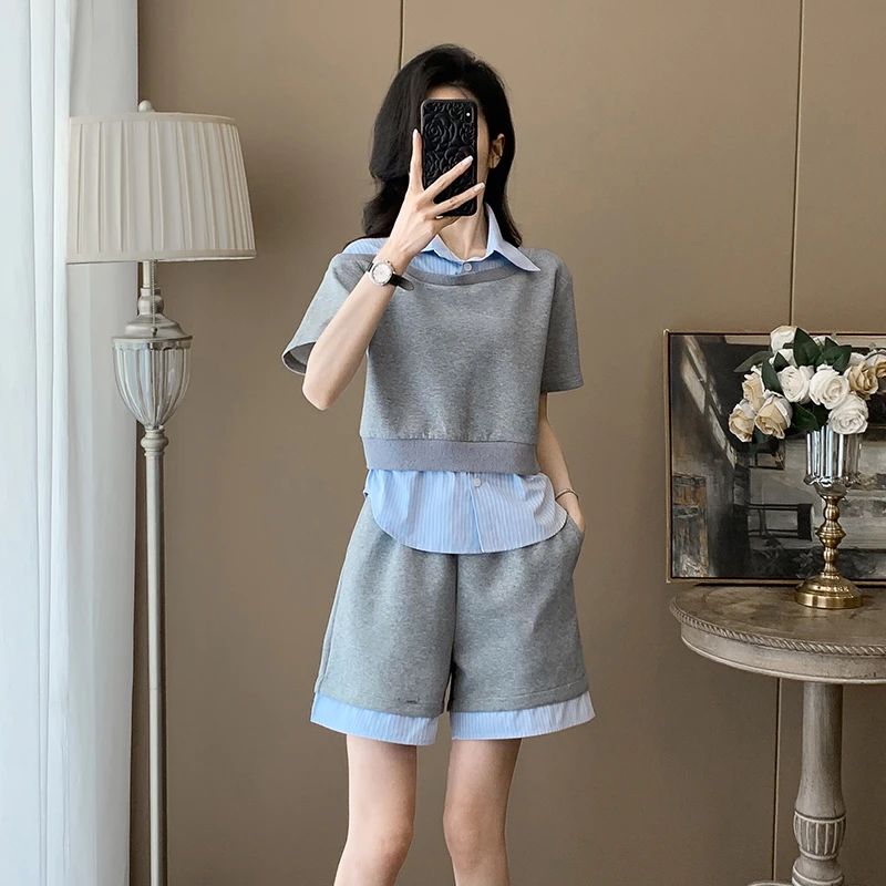 小个子休闲运动套装女夏装2025爆款洋气假两件拼接短袖短裤两件套