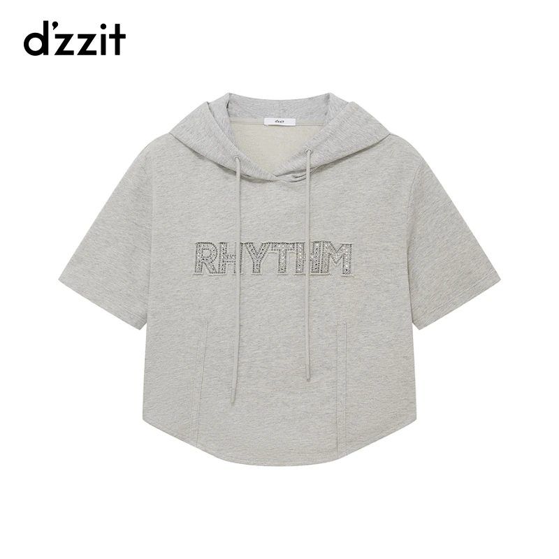 【专属】dzzit地素卫衣贴布烫钻浅灰色休闲连帽短袖上衣女