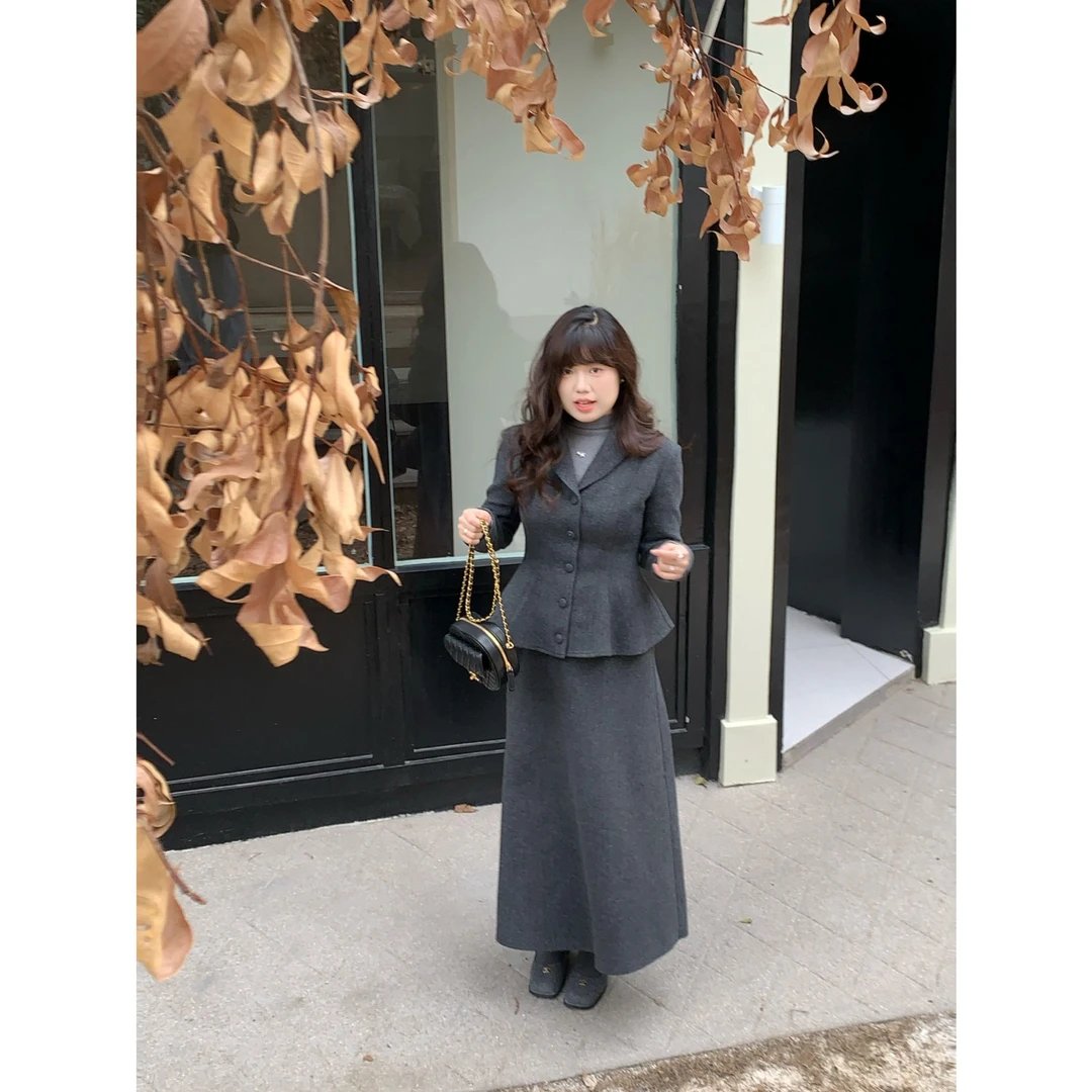 米米子“雾入松林”灰色收腰气质毛呢两件套甜美秋冬显瘦时尚套装