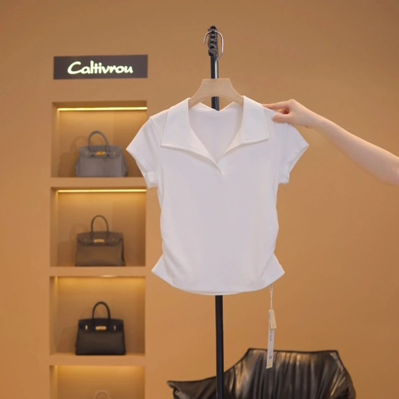 一正肩压褶修身上衣显瘦减龄气质短袖T恤女1085通勤白色短款休闲