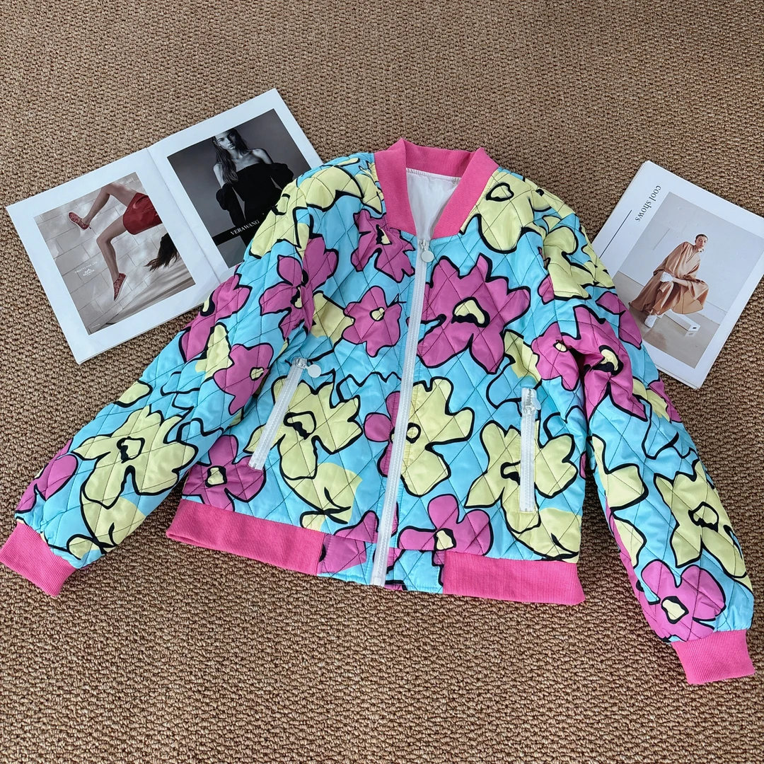 W0164秋冬定制款彩色菱格定位印花短款二棉外套