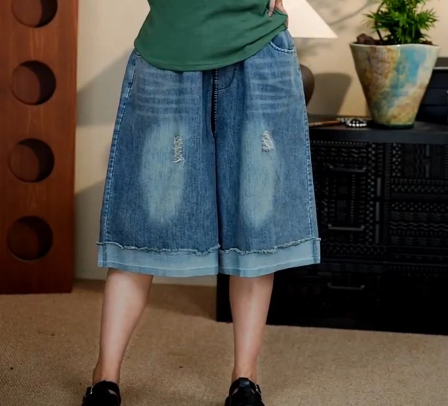 夏季新款磨白翻边牛仔裤宽松直筒高腰阔腿裤休闲